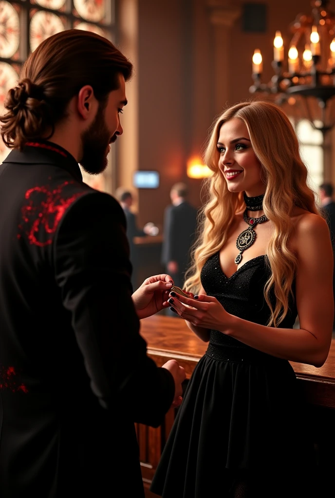 a man and a woman standing next to each other, naked, still from alita, she has long redorange hair, hijab, red carpet photography, inspired by Niyazi Selimoglu, he wearing a black, nationalist, josh black, bandana, wearing a tuxedo, fan bingbing, 60s, smiling couple