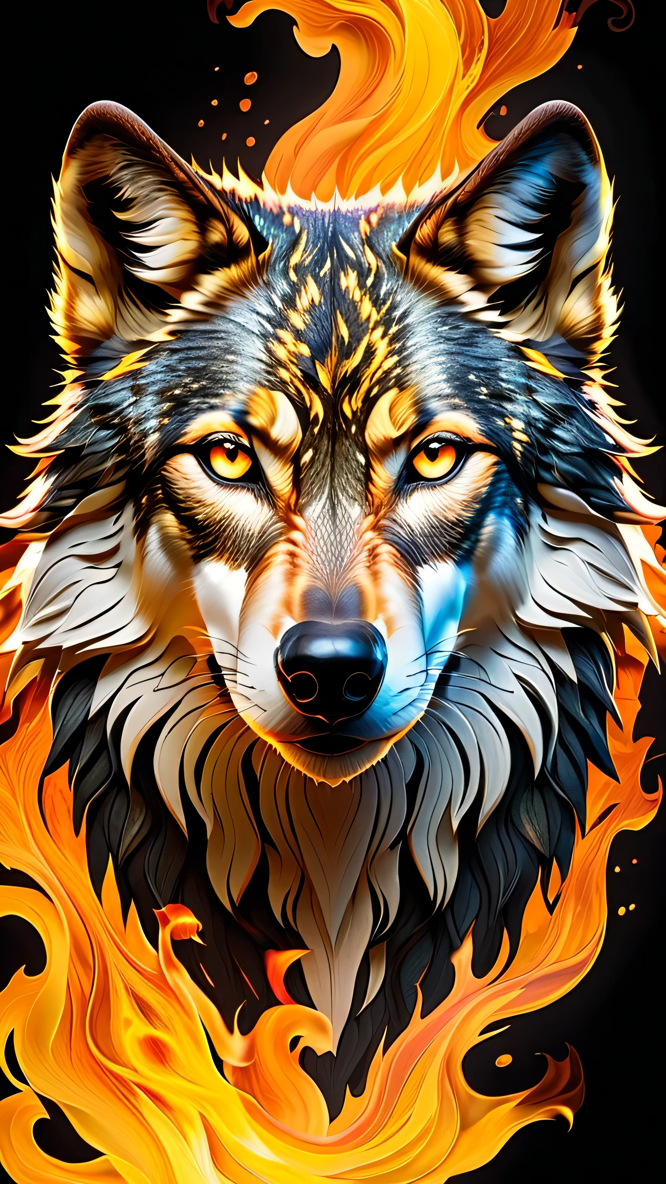 wolf head, Looking straight ahead, made of fire, Ojos rojos brillantes, dorado y negro