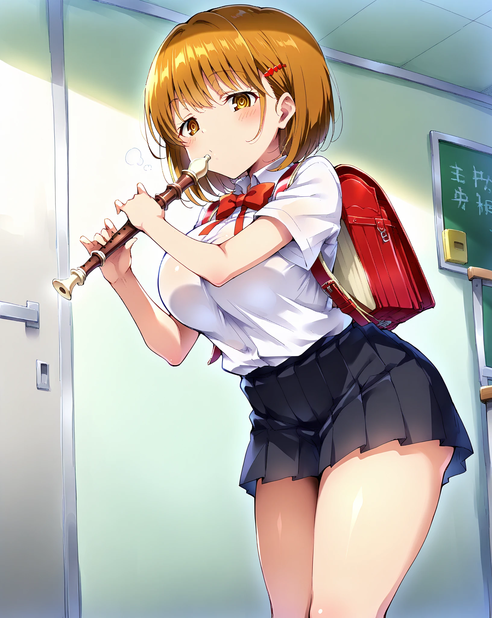 score_9, score_8_up, score_7_up, 1girl,solo, seduce, seductive, looking_down ,kawaii waifu,
breasts, medium breasts, maximum 5 fingers,
white background, recorder, perfect hands, (bare hands), looking at the viewer, mouth (blowing), blush, standing, school uniform, bow, pleated skirt, masterpiece, high quality, absurd resolution, beautiful hands, ringed eyes, half-closed eyes, ryoukadf, brown eyes, brown hair, short hair, hairclip, thick thighs
