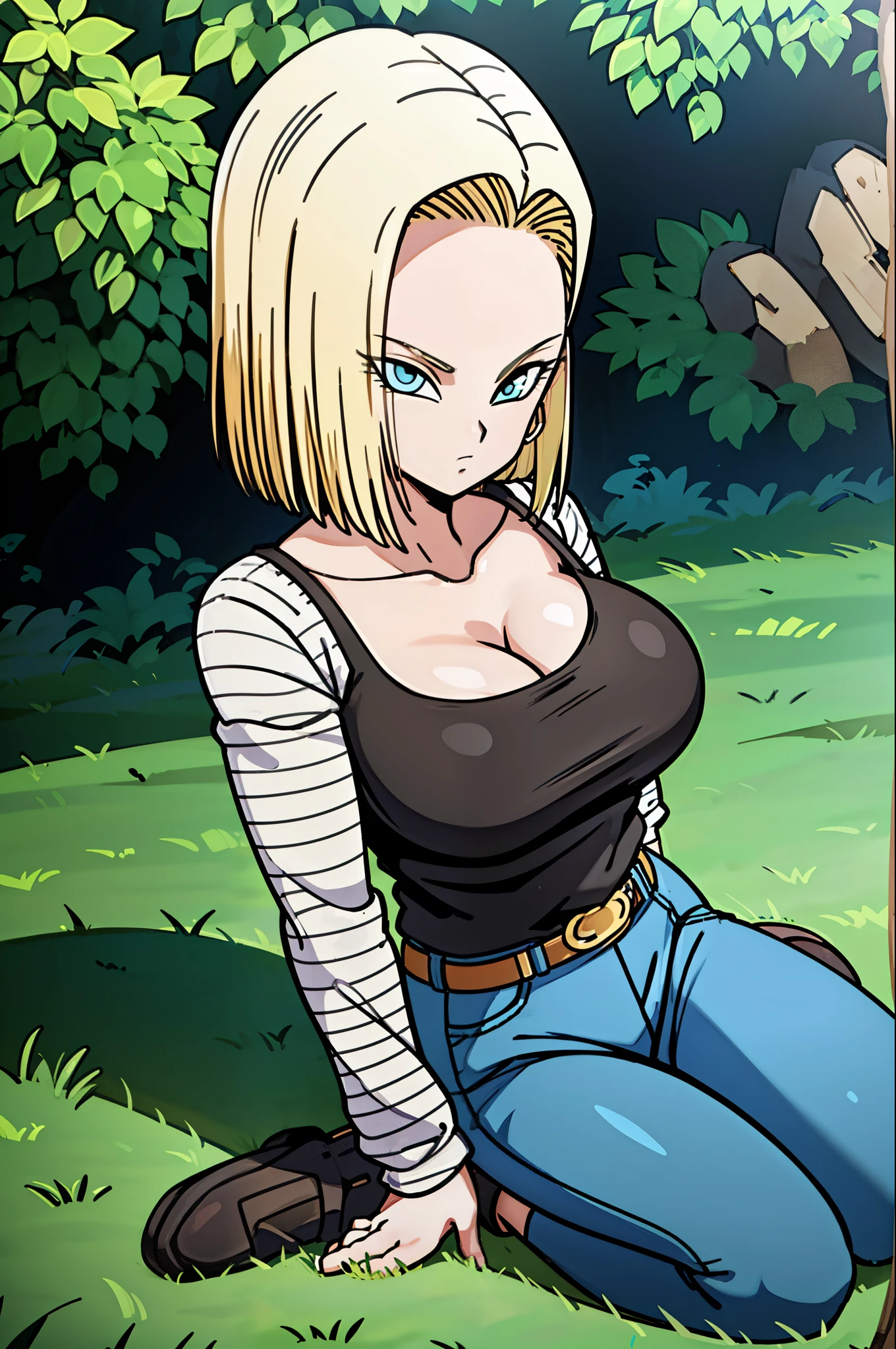 masterpiece, detailed face,
android 18, buu saga, , 1girl, solo, looking at viewer, short hair, blue eyes, blonde hair, collarbone,
field, trees,((huge :1.2)),cleavage, forest, upper body, lying on field, hovering,
midair,
black shirt, long sleeves, striped sleeves, hoop earrings, shoes, orange socks, belt, high waist pants,