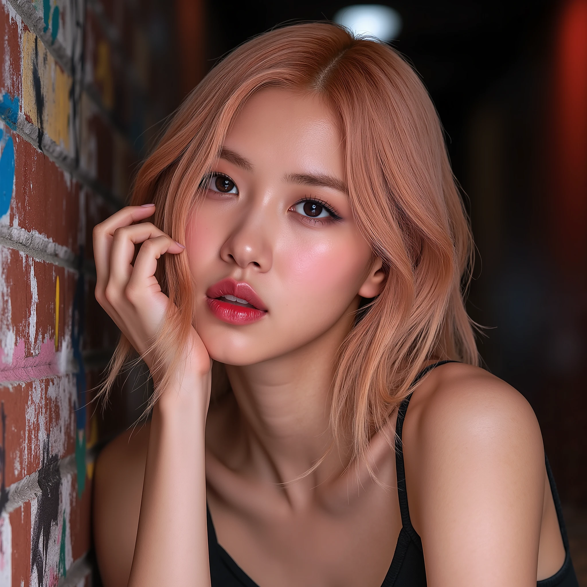 Realistic (photorealistic Realism), (high resolution), ((intricately detailed digital art)), professional photography, (((portrait) a [Rosé from blackpink]:1.3)), (ultra realistic texture details: velvety skin, hair),(close- up eyes:1.3),((sharp focus, no blurry, high resolution, absurd quality, Realistic brown_eyes:1.4), intricately detailed:1.3), ((extremely fine details eyes)), ((extra narrow eyebrows)), (Carefully draw Long eyelashes), (perfect round eyes:1.3), (finely detailed pupils:1.3), ((extremely fine details pupils:1.3)), ((extremely fine details iris of the eyes:1.3)), (Shining, mesmerizing, Vibrant eyes:1.2), (professional makeup:1.4), ((perfect eyeshadows:1.4)), detailed lips:1.3, (apply glossy red_lipstick:1.34), (pink_makeup:1.3), (beautiful little nose), (perfect proportions:1.2),(small head),(anatomically correct), perfect female body, (firm and full breasts), (Super beautiful), (vivid and colorful), The attention to detail, focus of girl, dynamic pose, sexy and seductive, flirty smile, dslr, high quality split lighting, sharp focus captured by Fujifilm XT3, f 5.6, in a dramatic lighting, (perfect composition), (Style your hair, short hair, golden hair, curls at the ends of the hair, hair above one eye,(short blonde, combed to the side)), choker, ((Brick wall, Graffiti)), (oversized shirt,Outside the shoulder, transparent white shirt), exquisite balance of shadows, look at the viewer,