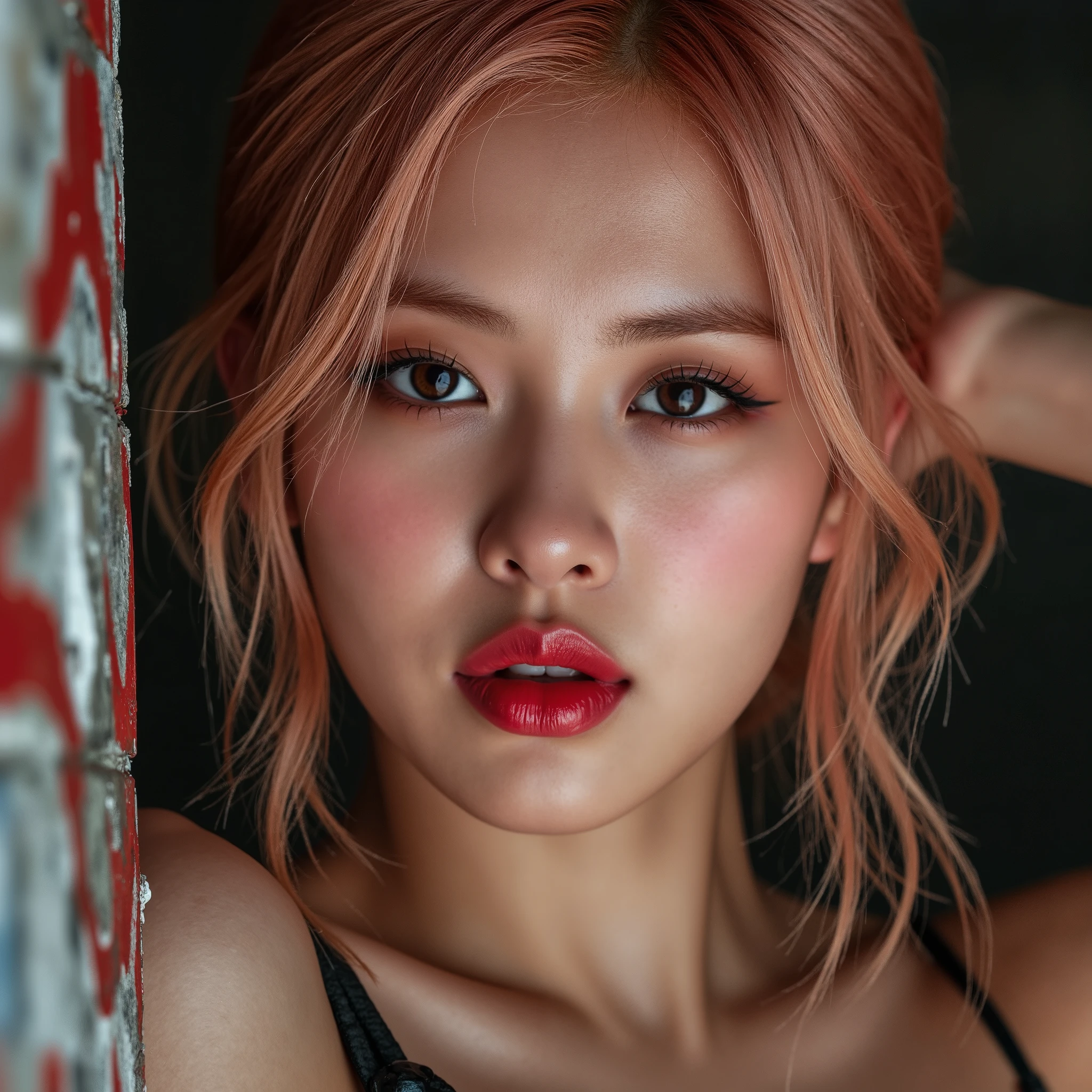 Realistic (photorealistic Realism), (high resolution), ((intricately detailed digital art)), professional photography, (((portrait) a [Rosé from blackpink]:1.3)), (ultra realistic texture details: velvety skin, hair),(close- up eyes:1.3),((sharp focus, no blurry, high resolution, absurd quality, Realistic brown_eyes:1.4), intricately detailed:1.3), ((extremely fine details eyes)), ((extra narrow eyebrows)), (Carefully draw Long eyelashes), (perfect round eyes:1.3), (finely detailed pupils:1.3), ((extremely fine details pupils:1.3)), ((extremely fine details iris of the eyes:1.3)), (Shining, mesmerizing, Vibrant eyes:1.2), (professional makeup:1.4), ((perfect eyeshadows:1.4)), detailed lips:1.3, (apply glossy red_lipstick:1.34), (pink_makeup:1.3), (beautiful little nose), (perfect proportions:1.2),(small head),(anatomically correct), perfect female body, (firm and full breasts), (Super beautiful), (vivid and colorful), The attention to detail, focus of girl, dynamic pose, sexy and seductive, flirty smile, dslr, high quality split lighting, sharp focus captured by Fujifilm XT3, f 5.6, in a dramatic lighting, (perfect composition), (Style your hair, short hair, golden hair, curls at the ends of the hair, hair above one eye,(short blonde, combed to the side)), choker, ((Brick wall, Graffiti)), (oversized shirt,Outside the shoulder, transparent white shirt), exquisite balance of shadows, look at the viewer,