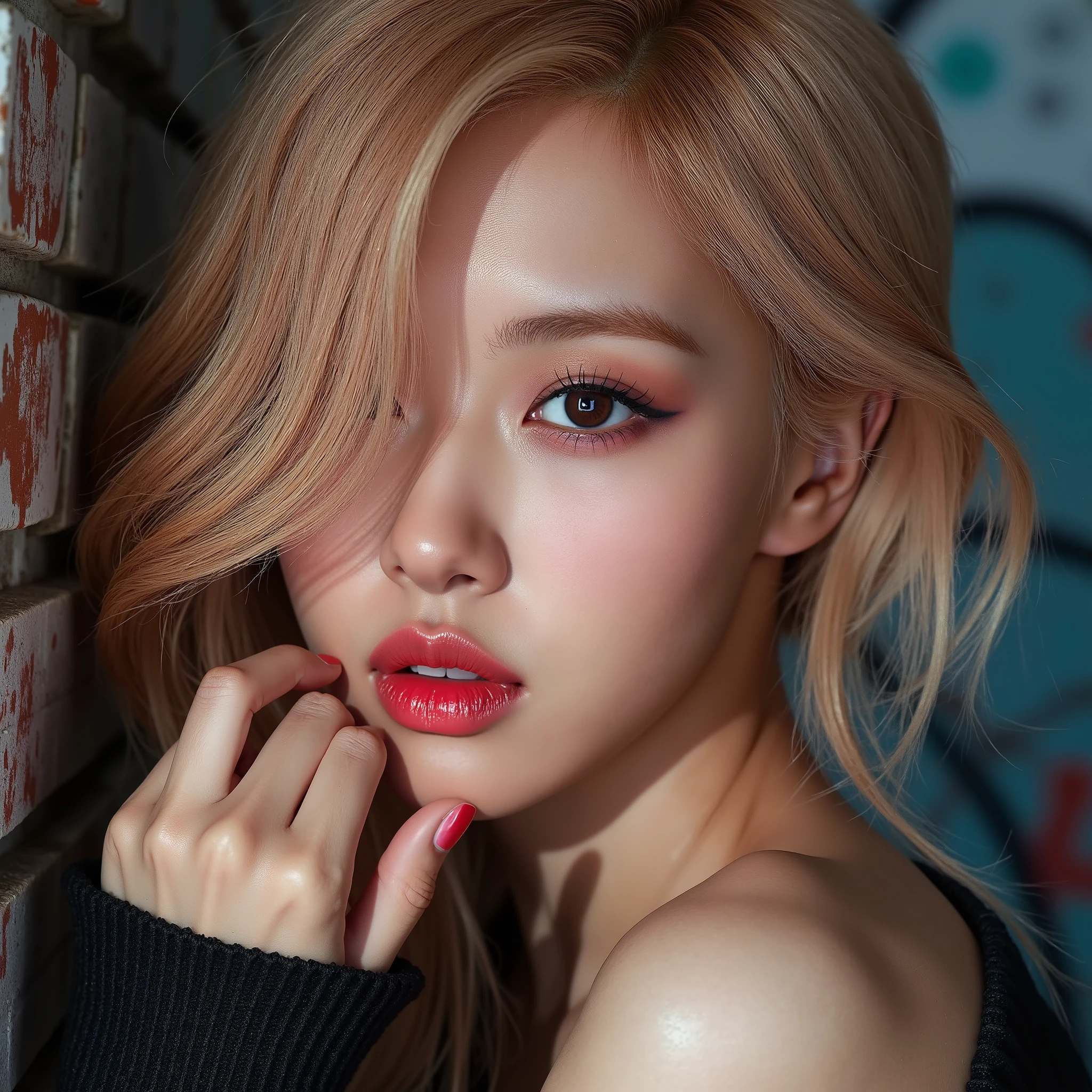 Realistic (photorealistic Realism), (high resolution), ((intricately detailed digital art)), professional photography, (((portrait) a [Rosé from blackpink]:1.3)), (ultra realistic texture details: velvety skin, hair),(close- up eyes:1.3),((sharp focus, no blurry, high resolution, absurd quality, Realistic brown_eyes:1.4), intricately detailed:1.3), ((extremely fine details eyes)), ((extra narrow eyebrows)), (Carefully draw Long eyelashes), (perfect round eyes:1.3), (finely detailed pupils:1.3), ((extremely fine details pupils:1.3)), ((extremely fine details iris of the eyes:1.3)), (Shining, mesmerizing, Vibrant eyes:1.2), (professional makeup:1.4), ((perfect eyeshadows:1.4)), detailed lips:1.3, (apply glossy red_lipstick:1.34), (pink_makeup:1.3), (beautiful little nose), (perfect proportions:1.2),(small head),(anatomically correct), perfect female body, (firm and full breasts), (Super beautiful), (vivid and colorful), The attention to detail, focus of girl, dynamic pose, sexy and seductive, flirty smile, dslr, high quality split lighting, sharp focus captured by Fujifilm XT3, f 5.6, in a dramatic lighting, (perfect composition), (Style your hair, short hair, golden hair, curls at the ends of the hair, hair above one eye,(short blonde, combed to the side)), choker, ((Brick wall, Graffiti)), (oversized shirt,Outside the shoulder, transparent white shirt), exquisite balance of shadows, look at the viewer,