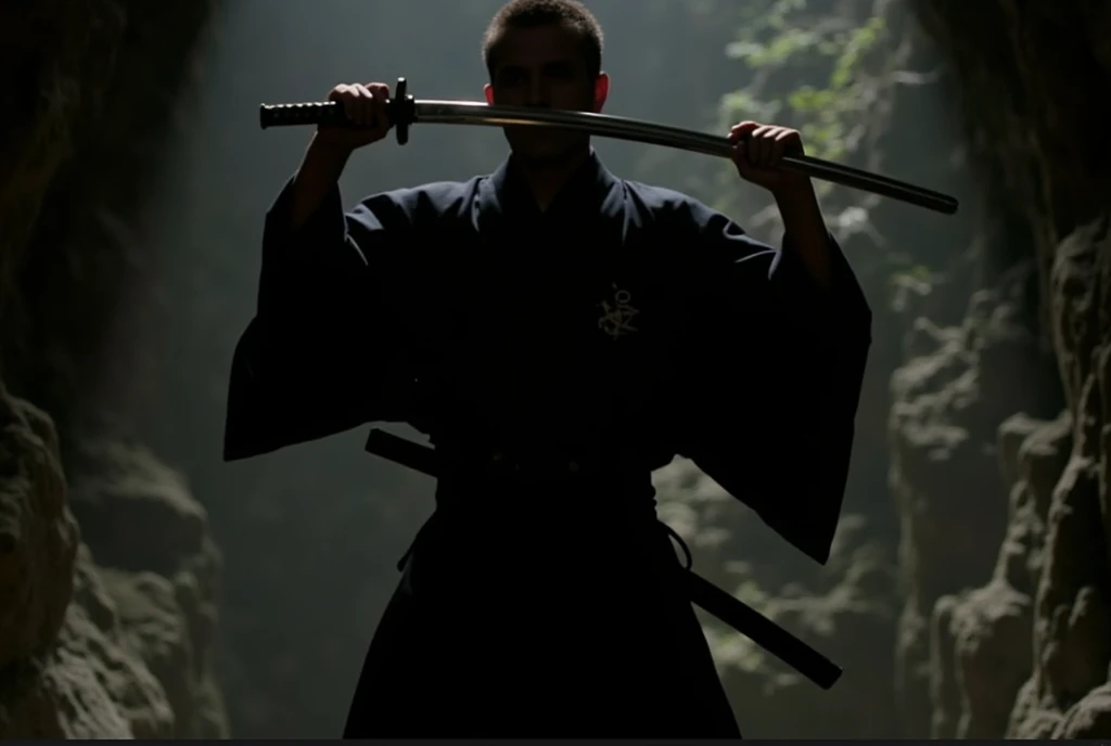 a man wearing a japanese kimono, both hands raised, katana, man swinging katana, silhouette, amigasa,holding katana,portrait, look at viewer,fighting pose,silhouette of a man, tunnel, cave, rock, (best quality,4k,8k,highres,masterpiece:1.2),ultra-detailed,(realistic,photorealistic,photo-realistic:1.37),detailed kimono, intricate kimono patterns, muscular man, powerful stance, katana glinting in light, dramatic lighting, cinematic composition, moody atmosphere, underground cave setting, rocky environment, dramatic shadows