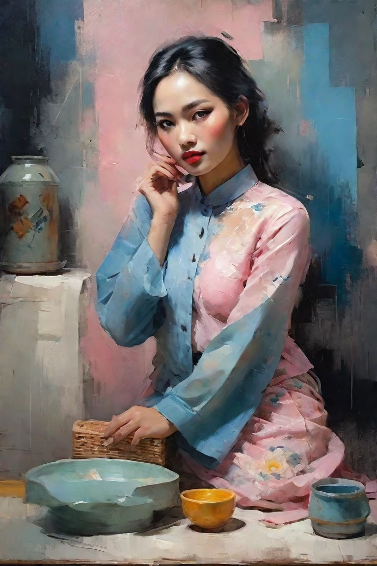 Create a contemporary portrait of a beautiful woman, Myanmar traditional long sleeve lace shirt and floral long skirt with Thanakha in the
expressive and painterly style of Malcolm Liepke,
utilizing a palette of light pink, yellow and red,
light grayish blue. The portrait should feature a
close-up of the subject's face with strong, dynamic
brushstrokes and a focus on capturing the depth and
texture characteristic of Liepke's work.Use light pink and bright
blue for the highlights and vibrant
areas,while employing muted blue, dark
grayish blue, and light
grayish blue to create shadows and
depth. Ensure the background
complements
the portrait with subtle variations of the
same color
palette, evoking a sense of modern
elegance and
emotional intensity