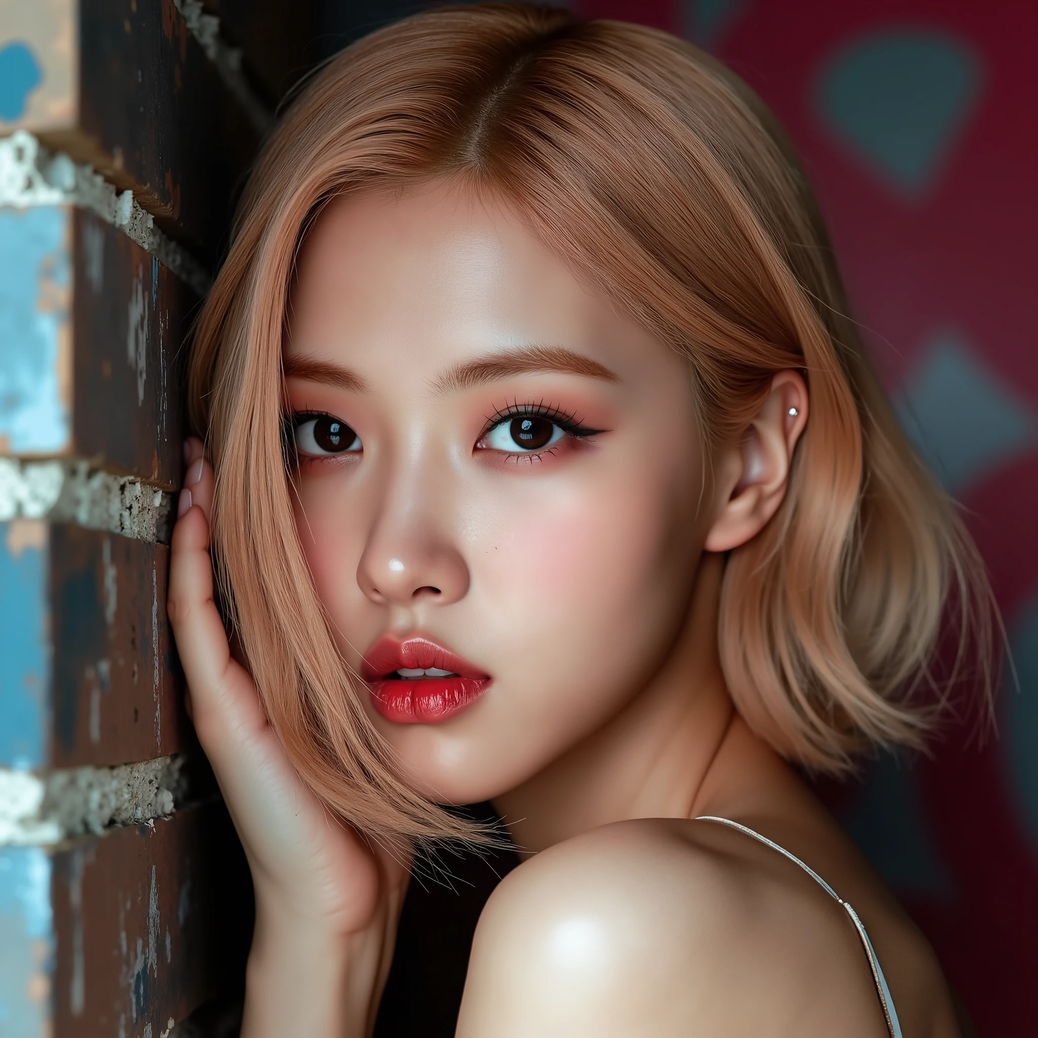 Realistic (photorealistic Realism), (high resolution), ((intricately detailed digital art)), professional photography, (((portrait) a [Rosé from blackpink]:1.3)), (ultra realistic texture details: velvety skin, hair),(close- up eyes:1.3),((sharp focus, no blurry, high resolution, absurd quality, Realistic brown_eyes:1.4), intricately detailed:1.3), ((extremely fine details eyes)), ((extra narrow eyebrows)), (Carefully draw Long eyelashes), (perfect round eyes:1.3), (finely detailed pupils:1.3), ((extremely fine details pupils:1.3)), ((extremely fine details iris of the eyes:1.3)), (Shining, mesmerizing, Vibrant eyes:1.2), (professional makeup:1.4), ((perfect eyeshadows:1.4)), detailed lips:1.3, (apply glossy red_lipstick:1.34), (pink_makeup:1.3), (beautiful little nose), (perfect proportions:1.2),(small head),(anatomically correct), perfect female body, (firm and full breasts), (Super beautiful), (vivid and colorful), The attention to detail, focus of girl, dynamic pose, sexy and seductive, flirty smile, dslr, high quality split lighting, sharp focus captured by Fujifilm XT3, f 5.6, in a dramatic lighting, (perfect composition), (Style your hair, short hair, golden hair, curls at the ends of the hair, hair above one eye,(short blonde, combed to the side)), choker, ((Brick wall, Graffiti)), (oversized shirt,Outside the shoulder, transparent white shirt), exquisite balance of shadows, look at the viewer,