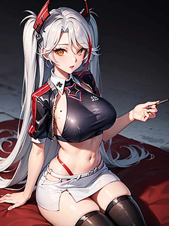  high res、 ridiculous 、 top quality 、 super detailed 、8k、 very clear 、female 1 person、 prinz eugen （ Azur Lane）、Gray Hair、 long hair、 orange eyes、 two side up、 big breasts、mole、胸のmole、 striped hair、 split bangs、 hair like antennae 、 long hair、 two side up、 antenna hair、 headgear 、 race queen、 cropped shirt 、（ underbust cutout ：1.1）、 cropped jacket、 Purple Jacket 、 or、Short sleeve、abdomen、 Panty Straps 、White belt、 pencil miniskirt、two-tone skirt 、 black knee socks