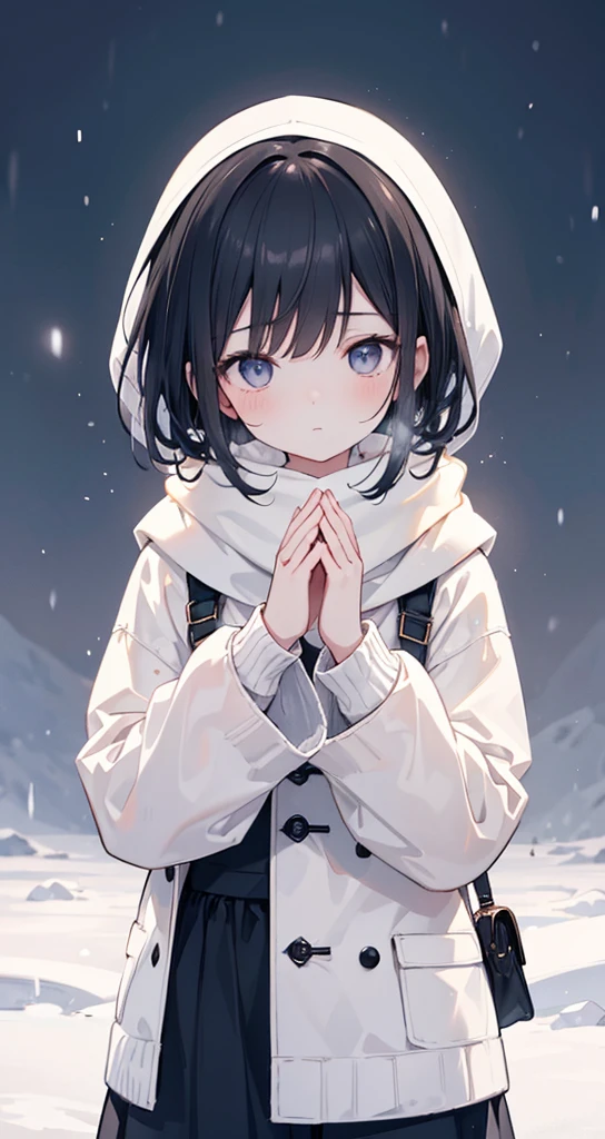 "An animated-style illustration of a short-haired girl with black hair, standing in a snowy background. The snow is gently falling, creating a serene and peaceful atmosphere. The girl, who has a soft and calm expression, is looking straight ahead, her hands clasped together as if in prayer. She has short black hair lightly framing her face and is depicted with a curvy figure, including a noticeable bust. She is wearing a simple shirt under a warm winter outfit, complemented by a cozy scarf wrapped around her neck, adding to the warmth of the scene. The lighting is soft and diffuse, with cool tones in the background to evoke the chill of winter, contrasted with warm highlights on the girl to make her stand out. The overall mood is tranquil and introspective, with delicate details emphasizing the beauty of the snow and the sincerity of her prayer."