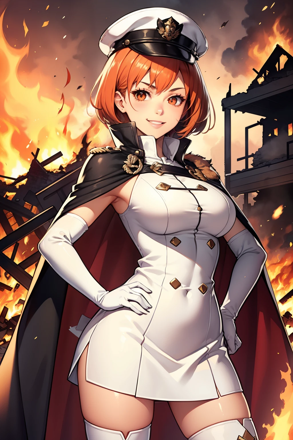 leonie pinelli, orange hair ,short hair ,glossy lips, light makeup,cape ,military uniform,white military hat,sleeveless, white skirt,white thigh-high boots, white elbow gloves, evil smile, looking at viewer, hands on hips,burning buildings in the background