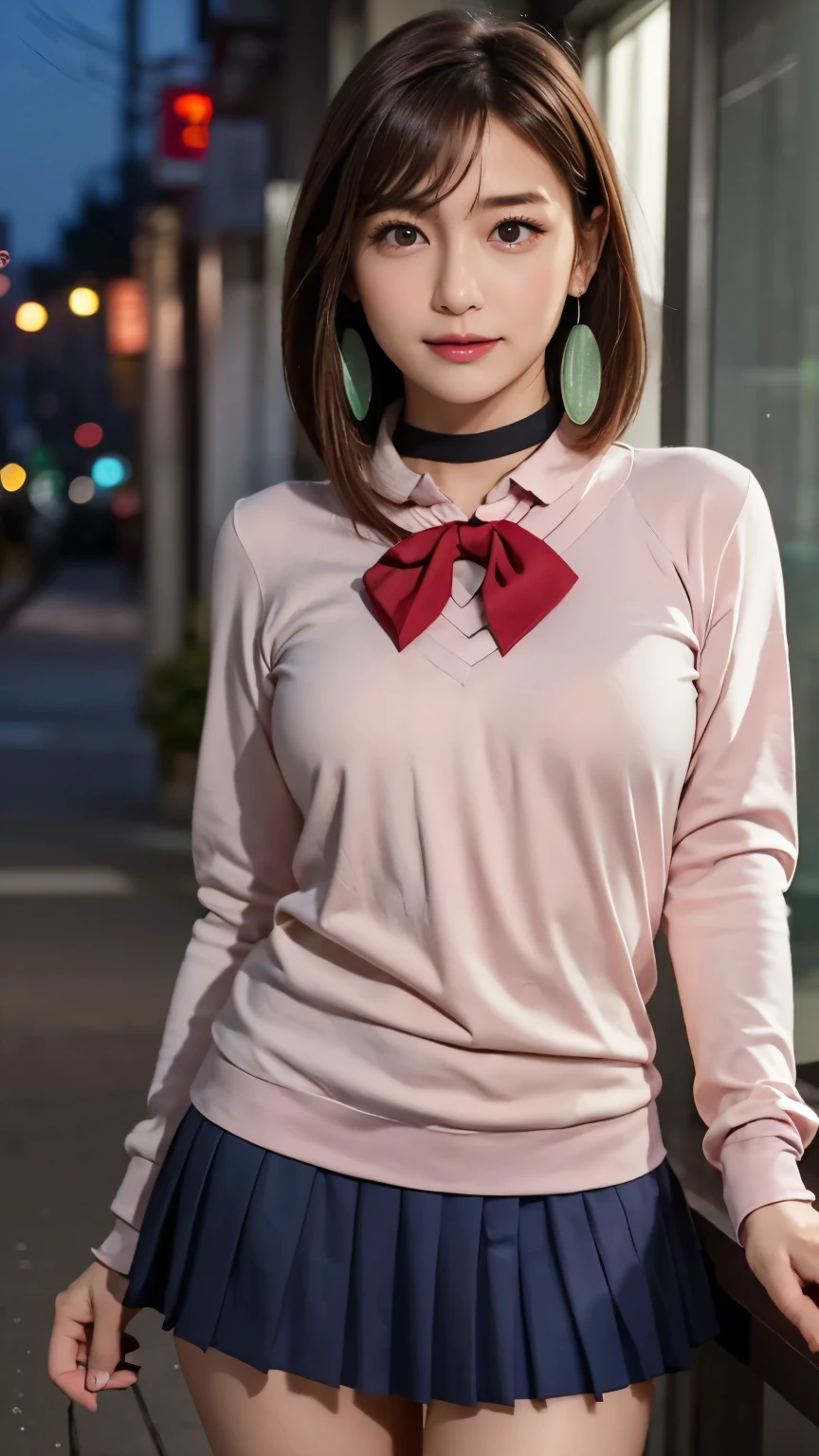 extremely high quality photo, Momo Ayase, sharp focus, realistic, source_photo, proper alignment, young Japanese model, cafe setting, city at night background, glamorous, sexy, seductive, portrait, detailed face, smiling, happy, ayase_wz, medium hair, brown hair, brown eyes, large breasts, chocker, choker, red bowtie, (pink cardigan:1.2), long cardigan, long sleeves, blue skirt, pleated skirt, school uniform, short skirt, earrings, loose socks, white socks