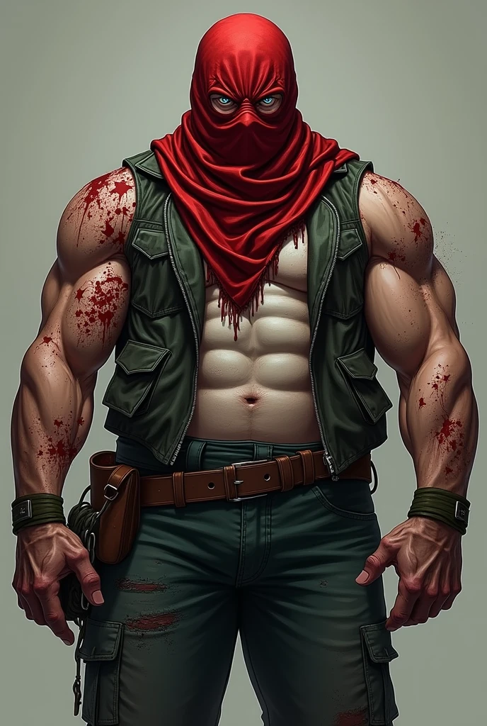 A creature with a mask covering everything except its eyes and smile, naughty man, wear a cloth mask, brawny, evil smile, scary eyes, butcher's clothing