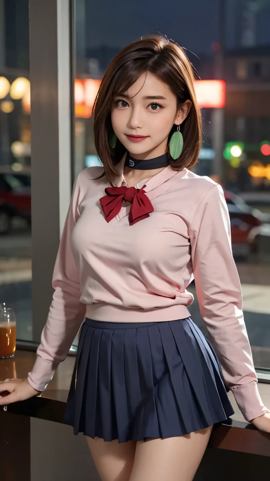extremely high quality photo, Momo Ayase, sharp focus, realistic, source_photo, proper alignment, young Japanese model, cafe setting, city at night background, glamorous, sexy, seductive, portrait, detailed face, smiling, happy, ayase_wz, medium hair, brown hair, brown eyes, large breasts, chocker, choker, red bowtie, (pink cardigan:1.2), long cardigan, long sleeves, blue skirt, pleated skirt, school uniform, short skirt, earrings, loose socks, white socks