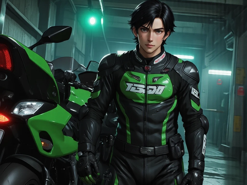  Full body image of a young handsome man ， Hypnotized and Brainwashed ， Wear trendy green and black racing style leather and tactical gear， Differs a Strange 、 Curved Hustle 。 He wears a high-powered item with reflective stripes Racing Uniform 、 Tactical Vest 、 Tactical Belt 、 Leg Leather 、Pistol Bag 、 Reinforced Gloves 、 long racing boots 。His eyes were hollow, shining with ， on his face with a faint smile and a lip 。 Scenes Housed in a hidden warehouse ，dim lights， industrial wind hidden atmospheres 。 This cop stands next to a high-performance super sports motorcycle，， composition emphasizes his unsettling existence ，Combining realism and tension 、 ， captures the essence of being brainwashed in a dangerous environment 。hypnosis@_@