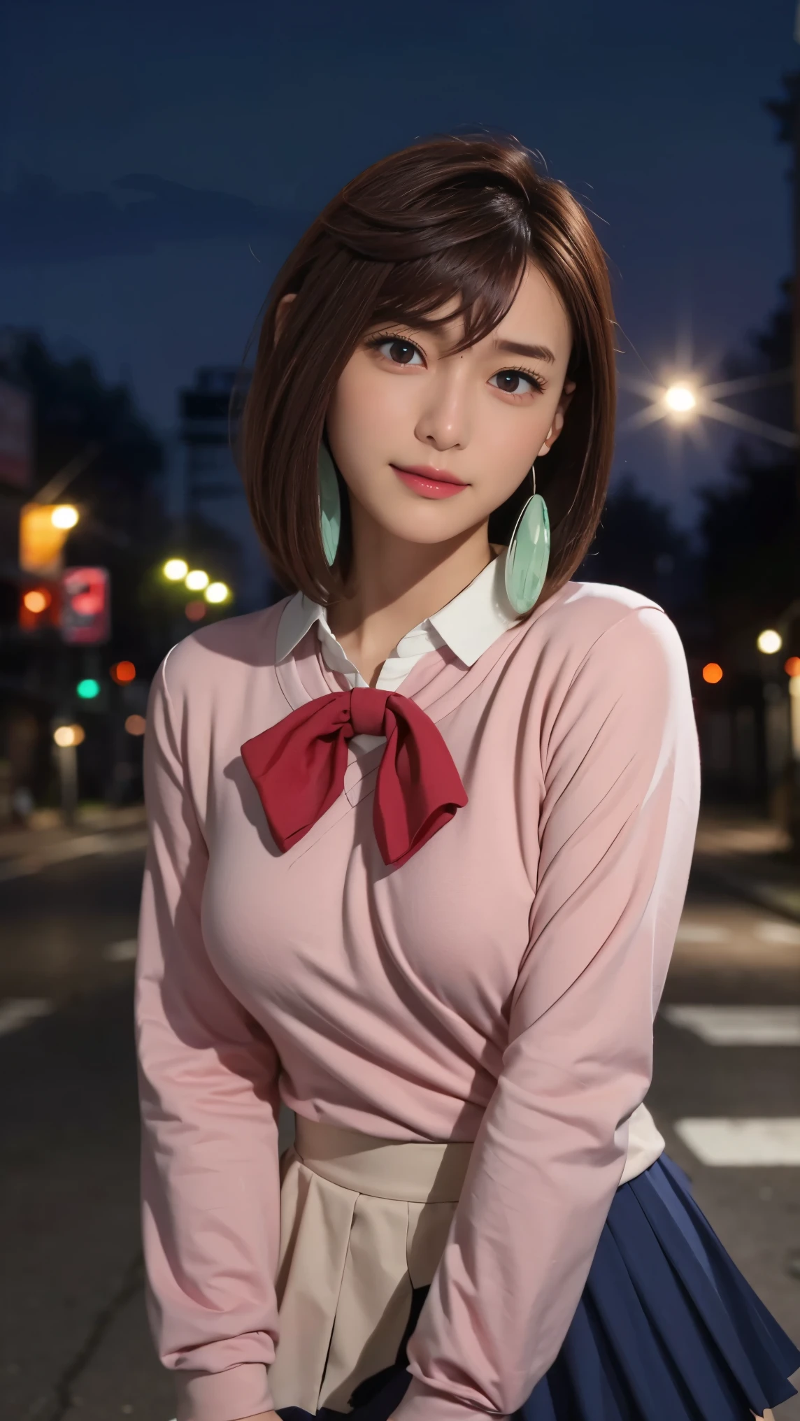 extremely high quality photo, Momo Ayase, sharp focus, realistic, source_photo, proper alignment, young Japanese model, cafe setting, city at night background, glamorous, sexy, seductive, portrait, detailed face, smiling, happy, ayase_wz, medium hair, brown hair, brown eyes, large breasts, chocker, choker, red bowtie, (pink cardigan:1.2), long cardigan, long sleeves, blue skirt, pleated skirt, school uniform, short skirt, earrings, loose socks, white socks