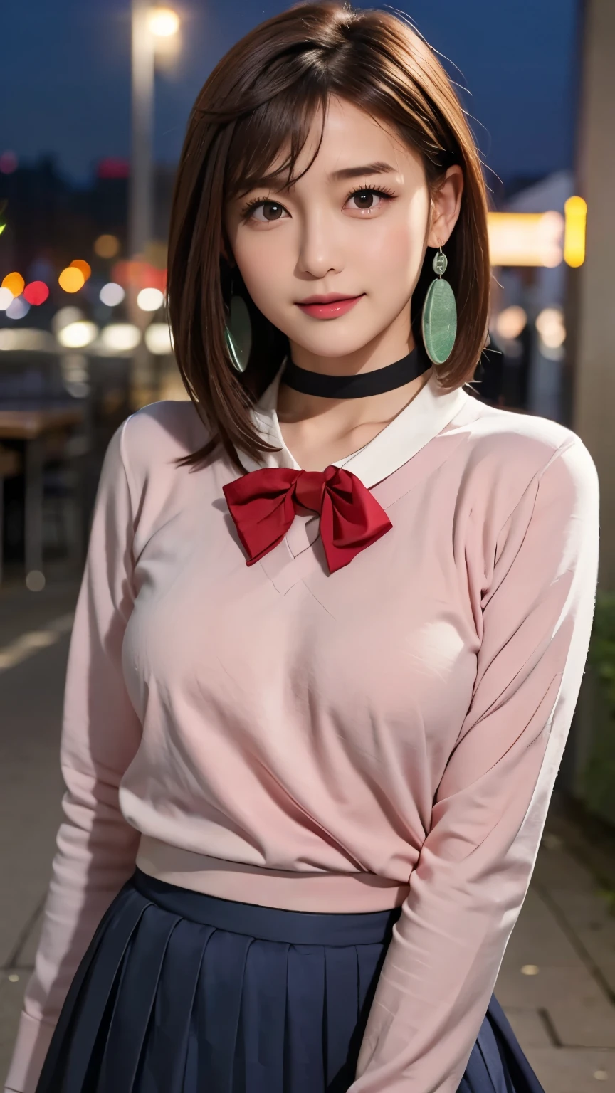 extremely high quality photo, Momo Ayase, sharp focus, realistic, source_photo, proper alignment, young Japanese model, cafe setting, city at night background, glamorous, sexy, seductive, portrait, detailed face, smiling, happy, ayase_wz, medium hair, brown hair, brown eyes, large breasts, chocker, choker, red bowtie, (pink cardigan:1.2), long cardigan, long sleeves, blue skirt, pleated skirt, school uniform, short skirt, earrings, loose socks, white socks