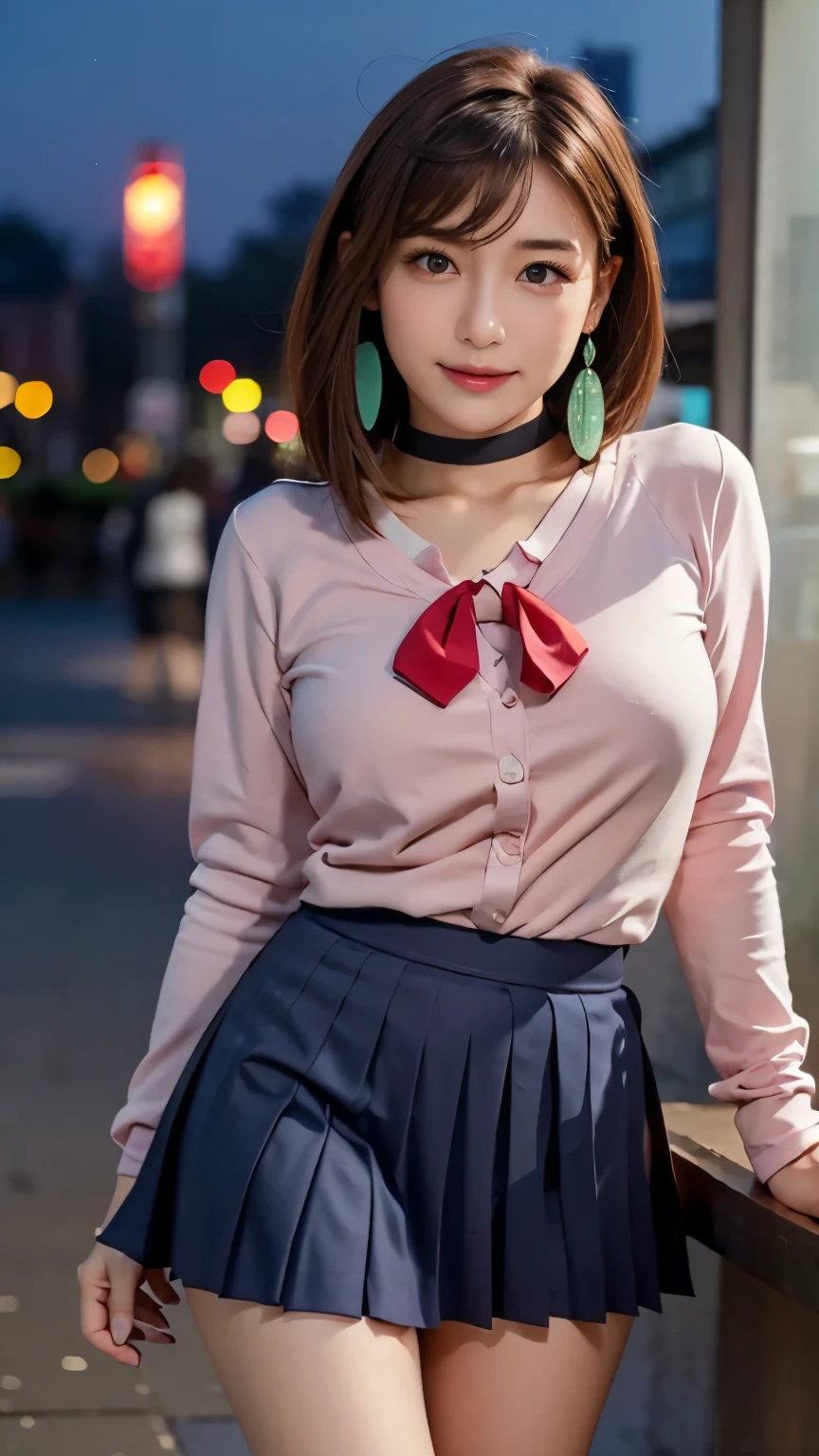 extremely high quality photo, Momo Ayase, sharp focus, realistic, source_photo, proper alignment, young Japanese model, cafe setting, city at night background, glamorous, sexy, seductive, portrait, detailed face, smiling, happy, ayase_wz, medium hair, brown hair, brown eyes, large breasts, chocker, choker, red bowtie, (pink cardigan:1.2), long cardigan, long sleeves, blue skirt, pleated skirt, school uniform, short skirt, earrings, loose socks, white socks