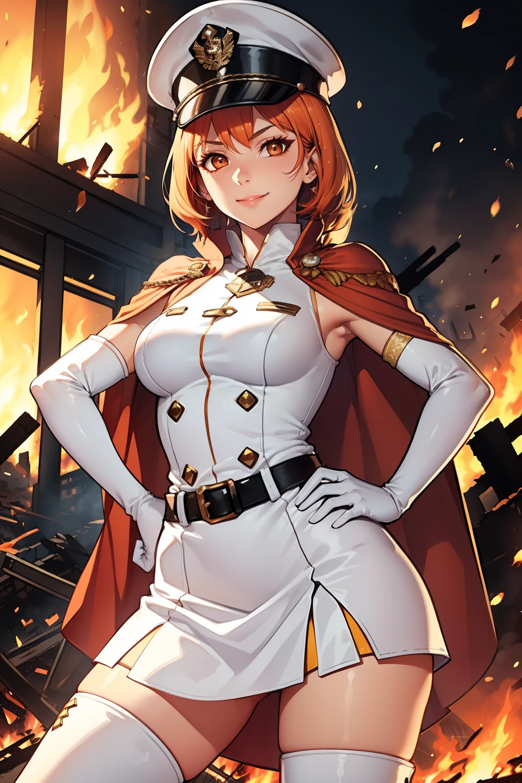 leonie pinelli, orange hair ,short hair ,glossy lips, light makeup,cape ,military uniform,white military hat,sleeveless, white skirt,white thigh-high boots, white elbow gloves, evil smile, looking at viewer, hands on hips,burning buildings in the background