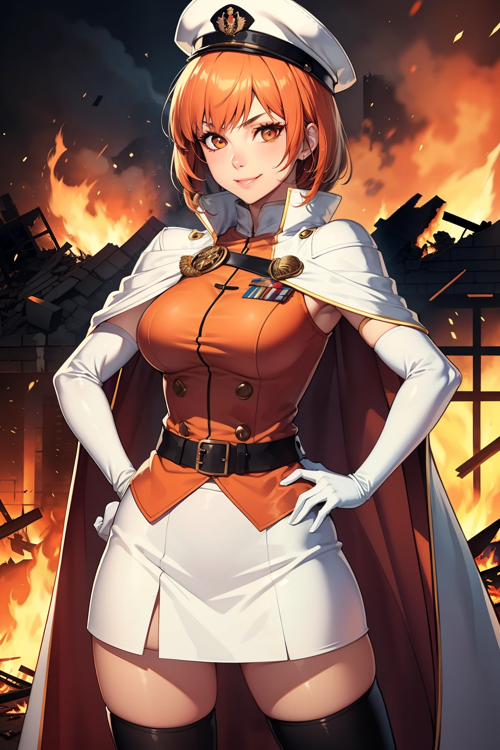 leonie pinelli, orange hair ,short hair ,glossy lips, light makeup,cape ,military uniform,white military hat,sleeveless, white skirt,white thigh-high boots, white elbow gloves, evil smile, looking at viewer, hands on hips,burning buildings in the background