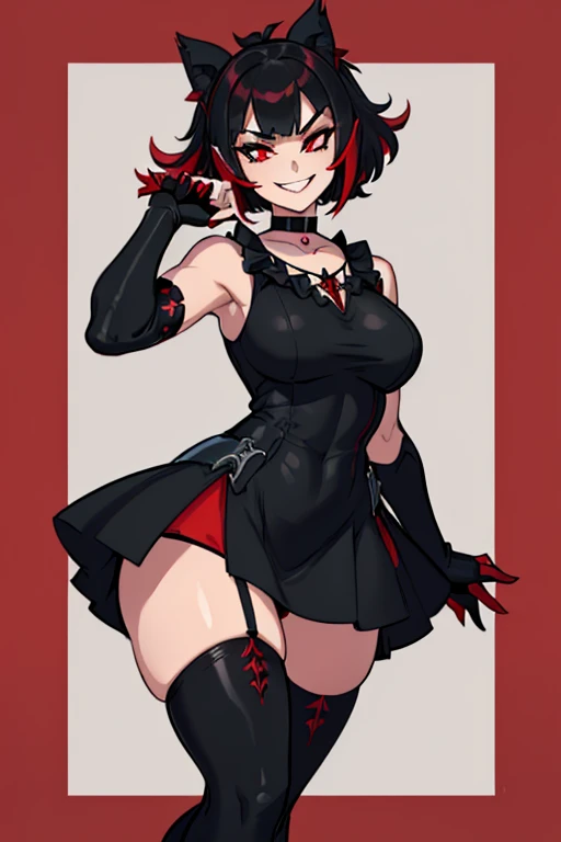 breasts, looking at viewer, smile, short hair, bangs, skirt, red eyes, thighhighs, gloves, long sleeves, dress, navel, holding, cleavage, jewelry, medium breasts, short sleeves, red hair, hairband, parted lips, striped, high heels, leotard, hand on hip, makeup, multicolored clothes, red gloves, red leotard, striped sleeves, strip off one's gloves