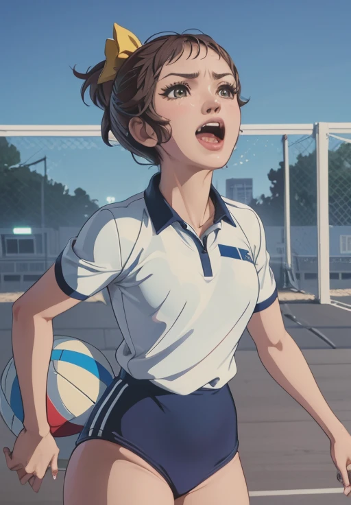 beautiful girl, fair skin, smooth skin, (pitch black hair), (deep blue eyes), (masterpiece), hdr, 3d, (long legs), (trackpants and orange basketball jersey), holding her ponytail, holding a rubber band in her mouth, (looking towards me(screen)), smiling, cute, (beautiful), see through, no bra, cute, delicate, 8k resolution, closeup shot, green valley in background with snow on mountain tops, blue crystal clear water, slightly sweaty, cute,