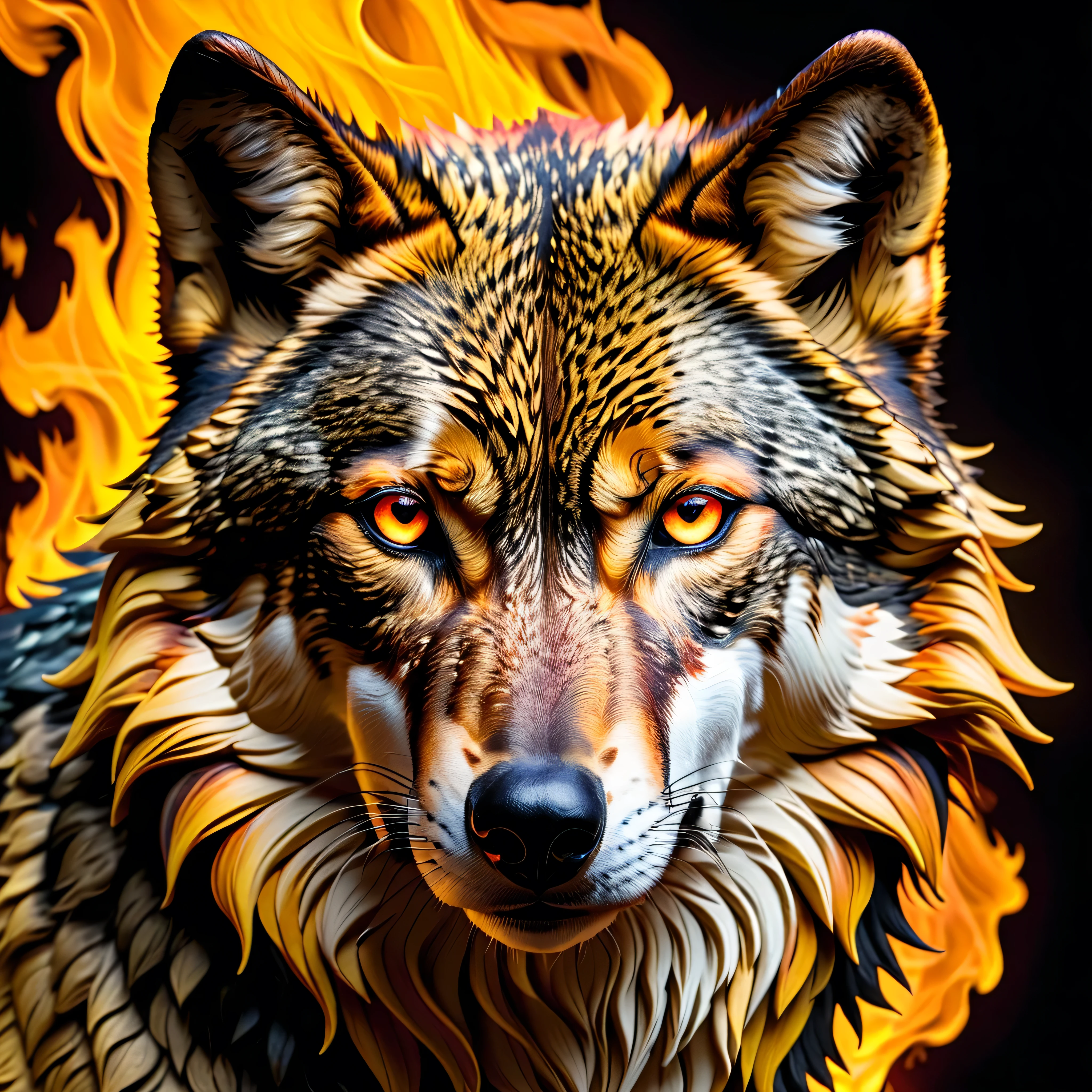 wolf head, Looking straight ahead, made of fire, Ojos rojos brillantes, dorado y negro