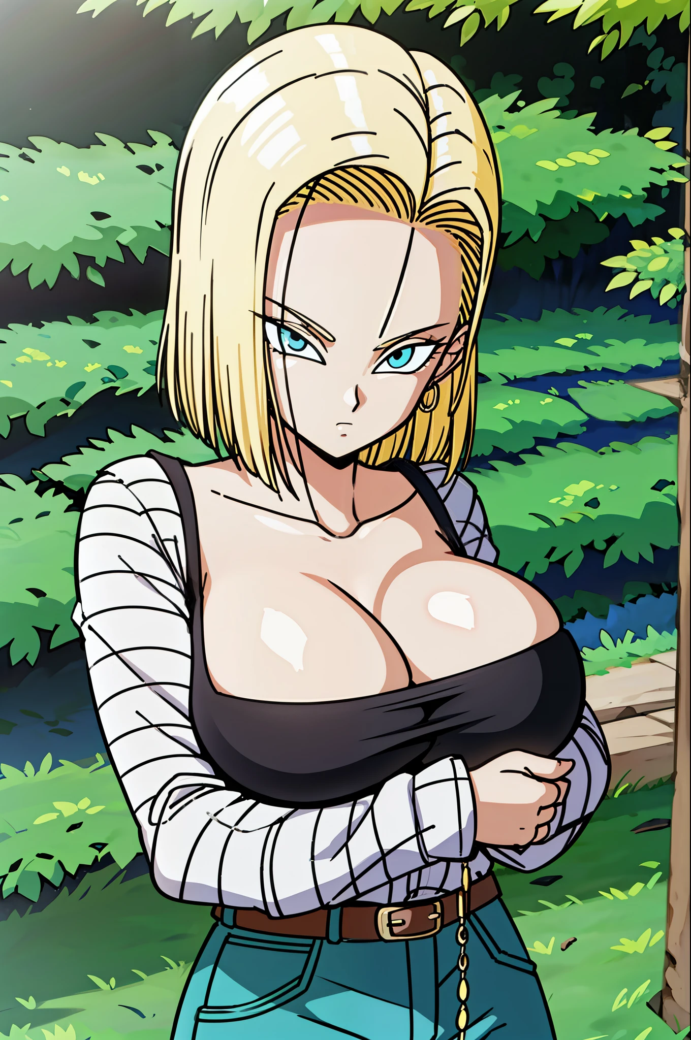 masterpiece, detailed face,
Android 18, Buu-Saga , , 1 girl, Alone, looking at the viewer, short hair, blue eyes, blonde hair, collarbone ,
Field, trees,((Gigantic :1.2)),cleavage, Forest, upper body , lying on Field, hovering,
in the air,
black shirt , Langarm, striped sleeves , Creolen, Shoes, orange socks , belt, high waisted pants,