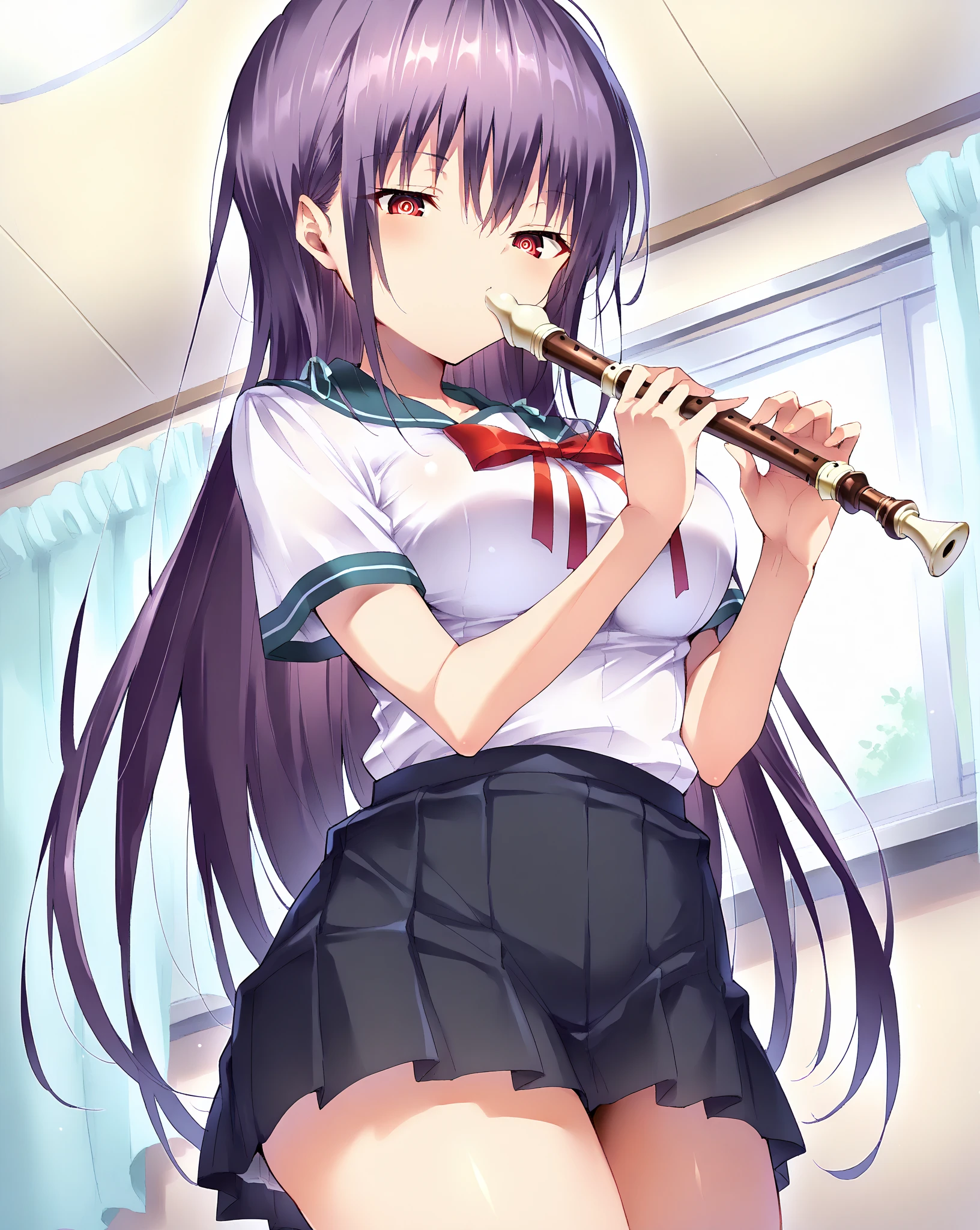 score_9, score_8_up, score_7_up, 1girl,solo, seduce, seductive, looking_down ,kawaii waifu,
breasts, medium breasts, maximum 5 fingers,
white background, recorder, perfect hands, (bare hands), looking at the viewer, mouth (blowing), blush, standing, school uniform, bow, pleated skirt, masterpiece, high quality, absurd resolution, beautiful hands, ringed eyes, half-closed eyes, takamine, red eyes, purple hair
