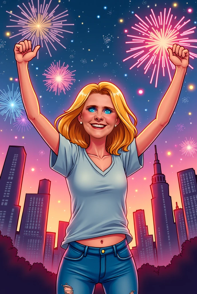(cartoon style:1.2),  drawing ([Nicole Kidman|Nicole Kidman|Nicole Kidman]), beautiful woman 40 years old, Big smile, Perfect eyes, detailed face, party background, cheerful pose, flirty look, big hips,Short blond hair,short denim shorts,dark t-shirt