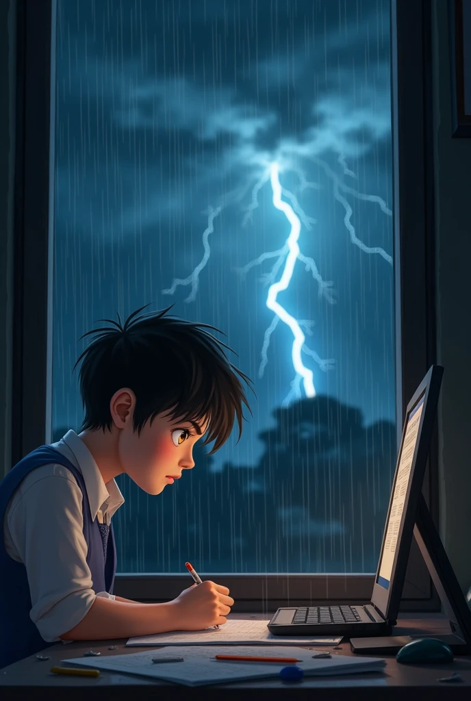 Create for me a picture of a student sitting in a chair taking a test with a fishing rod in his hand and lightning striking the end of the fishing rod