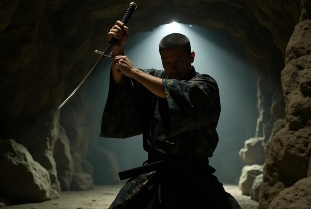 a man wearing a japanese kimono, both hands raised, katana, man swinging katana, silhouette,silhouette of a man, amigasa,holding katana,fighting pose, tunnel, cave, rock, (best quality,4k,8k,highres,masterpiece:1.2),ultra-detailed,(realistic,photorealistic,photo-realistic:1.37),detailed kimono, intricate kimono patterns, muscular man, powerful stance, katana glinting in light, dramatic lighting, cinematic composition, moody atmosphere, underground cave setting, rocky environment, dramatic shadows