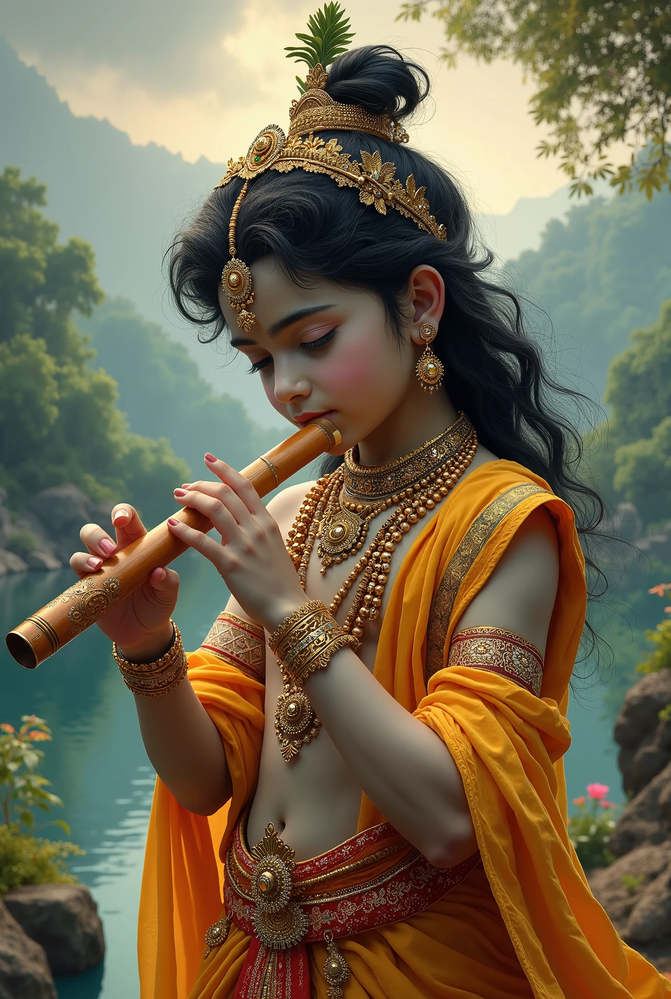 Krisna is sitting in grass he make flute sound