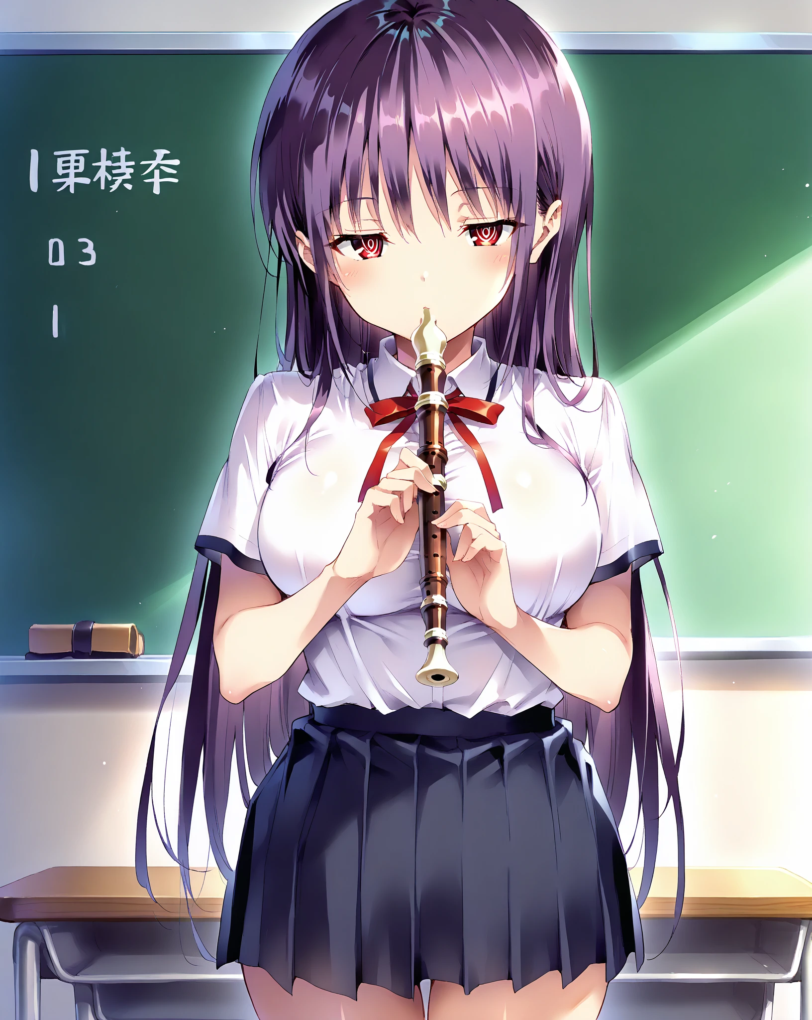 score_9, score_8_up, score_7_up, 1girl,solo, seduce, seductive, looking_down ,kawaii waifu,
breasts, medium breasts, maximum 5 fingers,
in classroom background, recorder, perfect hands, (bare hands), looking at the viewer, mouth (blowing), blush, standing, school uniform, bow, pleated skirt, masterpiece, high quality, absurd resolution, beautiful hands, ringed eyes, half-closed eyes, takamine, red eyes, purple hair
