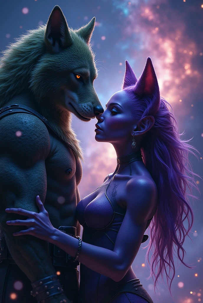 Male werewolf and female reptilian sexually embracing, looking at the starry sky with a galaxy . In the background we see purple crystal obelisks with windows.