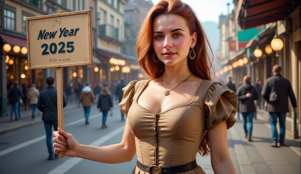 A smiling young woman in festive clothes carries a sign with the inscription “Happy New Year 2025"