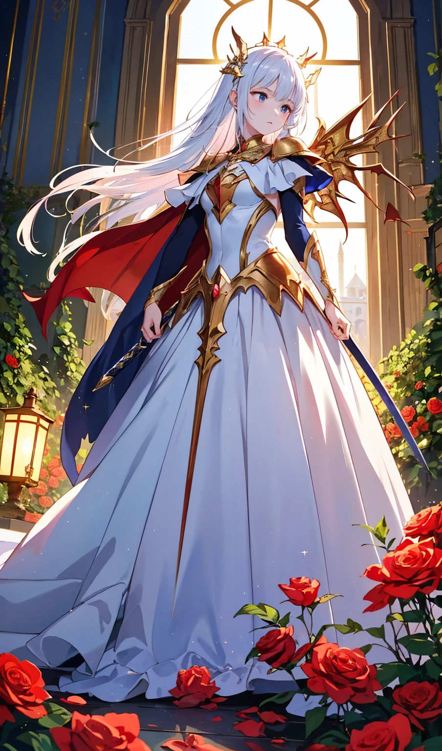 A dramatic anime adaptation of Sleeping Beauty. The princess lies asleep on a bed of glowing roses, her long golden hair cascading around her like a radiant halo. She wears an elegant, flowing gown that seems to shimmer with stardust. The castle around her is ancient and overgrown with thorny vines, some glowing faintly with an eerie light. The hero, a determined young knight with a magical sword, approaches the bed cautiously, his cape fluttering in the wind from a broken window. A massive, shadowy dragon looms in the background, its eyes glowing a sinister red, hinting at the imminent battle. The scene is dynamic and filled with tension, combining beauty and danger in a classic anime style.