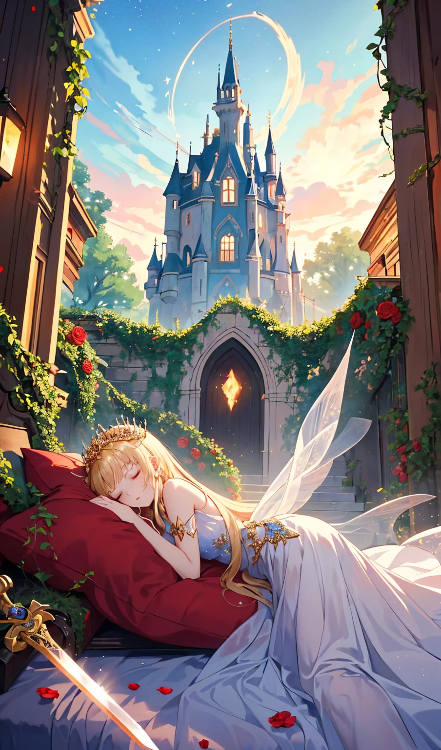 A dramatic anime adaptation of Sleeping Beauty. The princess lies asleep on a bed of glowing roses, her long golden hair cascading around her like a radiant halo. She wears an elegant, flowing gown that seems to shimmer with stardust. The castle around her is ancient and overgrown with thorny vines, some glowing faintly with an eerie light. The hero, a determined young knight with a magical sword, approaches the bed cautiously, his cape fluttering in the wind from a broken window. A massive, shadowy dragon looms in the background, its eyes glowing a sinister red, hinting at the imminent battle. The scene is dynamic and filled with tension, combining beauty and danger in a classic anime style.