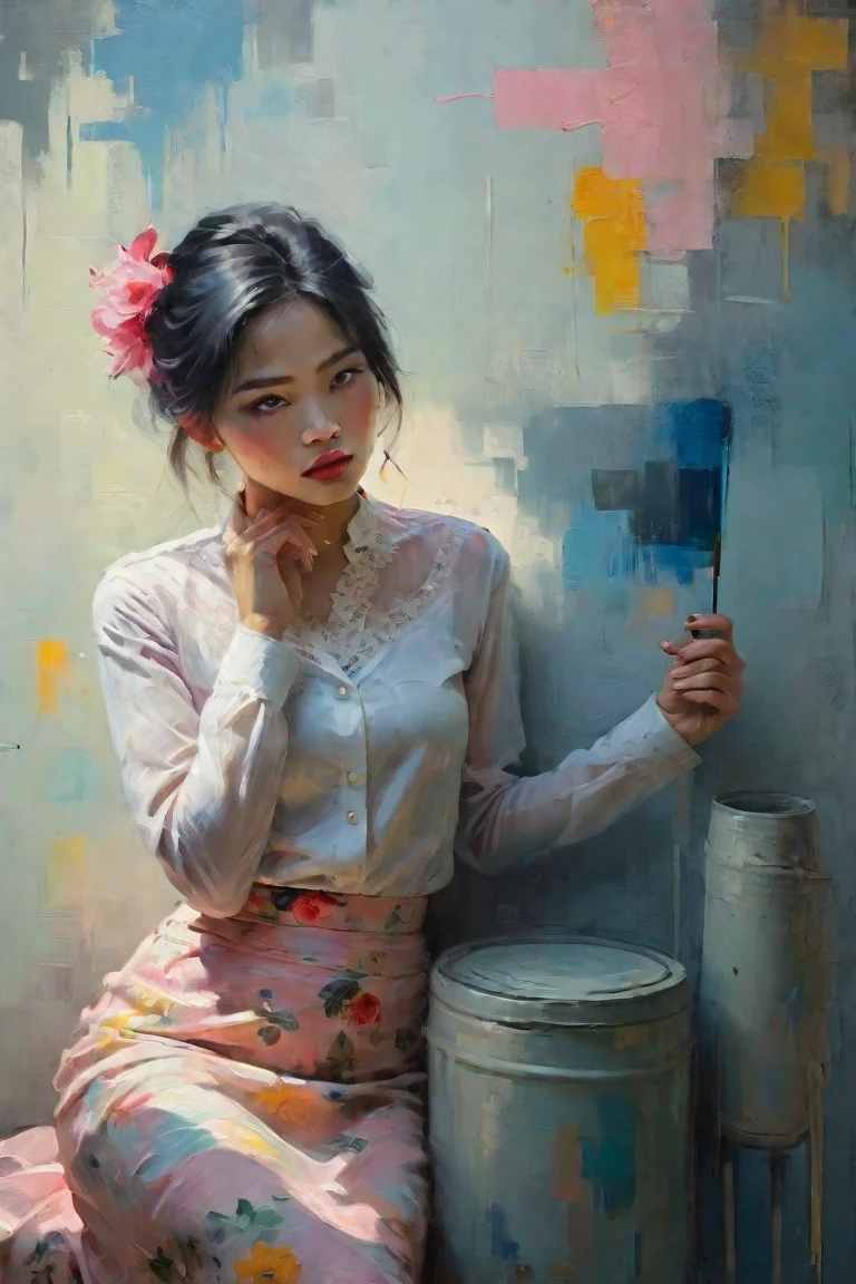 Create a contemporary portrait of a beautiful woman, Myanmar traditional long sleeve lace shirt and floral long skirt with Myanmar Thanakha in the
expressive and painterly style of Malcolm Liepke,
utilizing a palette of light pink, yellow and red,
light grayish blue. The portrait should feature a
close-up of the subject's face with strong, dynamic
brushstrokes and a focus on capturing the depth and
texture characteristic of Liepke's work.Use light pink and bright
blue for the highlights and vibrant
areas,while employing muted blue, dark
grayish blue, and light
grayish blue to create shadows and
depth. Ensure the background
complements
the portrait with subtle variations of the
same color
palette, evoking a sense of modern
elegance and
emotional intensity