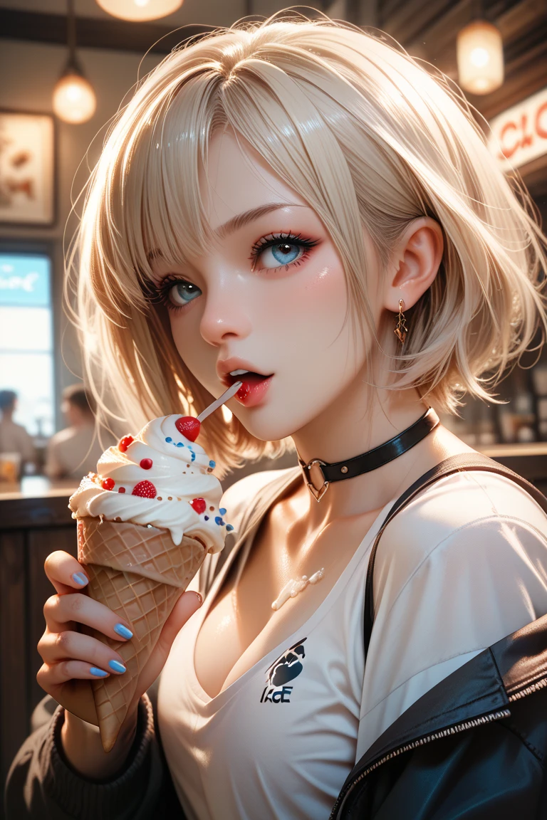 An ultra-detailed, photorealistic 3D render of an attractive anime woman, viewed from the side. She has short silver hair, a hugely endowed body, and a perfect slim fit body. She is casually dressed in a cropped hoodie and panties, lounging in her living room. She is engrossed in watching TV while holding a large tub of ice cream, which she is about to indulge in. The overall atmosphere of the scene is relaxed, with a modern and contemporary living room design as the backdrop., 3d render, anime