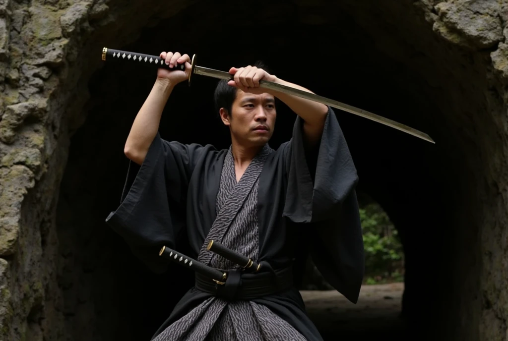 a man wearing a japanese kimono, both hands raised, katana, man swinging katana, silhouette,silhouette of a man, amigasa,holding katana,fighting pose, tunnel, cave, rock, (best quality,4k,8k,highres,masterpiece:1.2),ultra-detailed,(realistic,photorealistic,photo-realistic:1.37),detailed kimono, intricate kimono patterns, muscular man, powerful stance, katana glinting in light, dramatic lighting, cinematic composition, moody atmosphere, underground cave setting, rocky environment, dramatic shadows