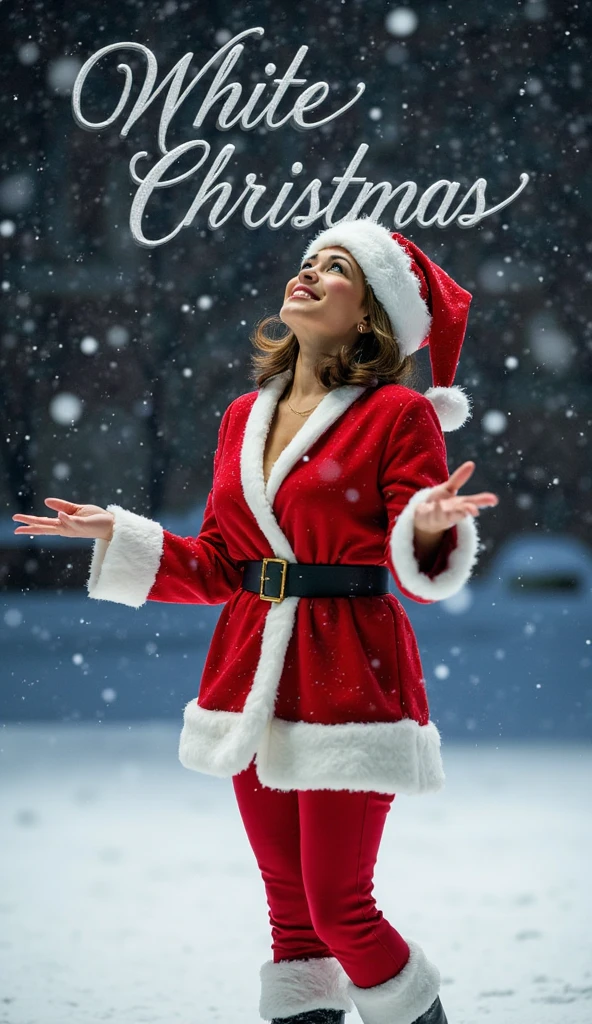  Writing silver Italic letter, "White Christmas", writing upper screen, letter end side  X mas gold bell picture,  Look up at the sky, standing pose, upper body ,open hands, 1 female , name is Kamala Harris,  (brown middle hair, brown eye ,smile),  Santa Claus costume,  Santa hat and shoes, fall many snow, White Christmas, in New York , night, (masterpiece, highest quality, High resolution, Photo realistic, sharp, RAW Photos, wallpaper, perfection, Professional Lighting, Very detailed)