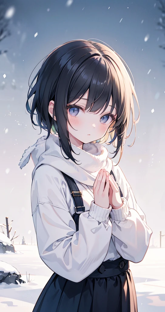 "An animated-style illustration of a short-haired girl with black hair, standing in a snowy background. The snow is gently falling, creating a serene and peaceful atmosphere. The girl, who has a soft and calm expression, is looking straight ahead, her hands clasped together as if in prayer. She has short black hair lightly framing her face and is depicted with a curvy figure, including a noticeable bust. She is specifically wearing a simple shirt (not a knit sweater) under a warm winter outfit. The lighting is soft and diffuse, with cool tones in the background to evoke the chill of winter, contrasted with warm highlights on the girl to make her stand out. The overall mood is tranquil and introspective, with delicate details emphasizing the beauty of the snow and the sincerity of her prayer."