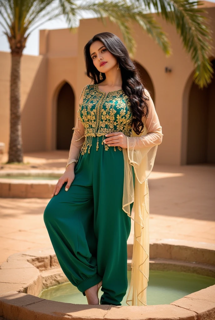 Desert Oasis - Aaisha:
20 years old, pakistani girl, Breasts: Large, full, and heavy, straining against the green dupatta.
Hips: Wide and womanly, curves accentuated by the tight shalwar.
Pose: Standing with one hand on her hip, leaning slightly on the well's edge.
Color: Emerald green shalwar kameez, sheer golden dupatta.
Hair: Long, wavy black hair with a side parting, cascading over her shoulders.