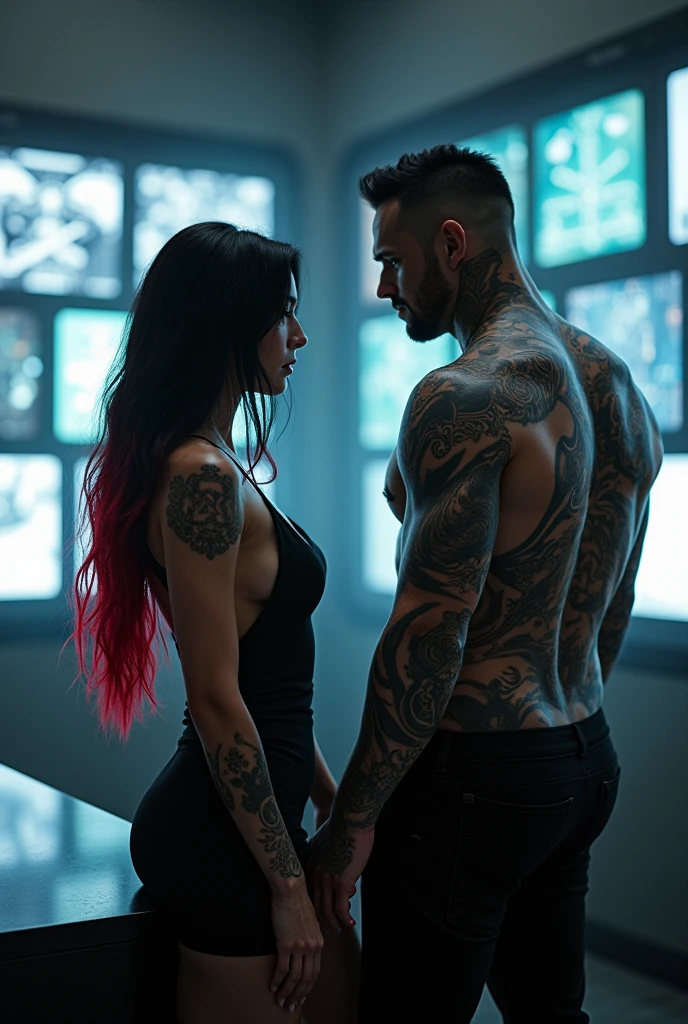 two humanoid teenage tribesman, with piercings tattoos and body paint, feathers and long hair, i, in a dirty and mucky toilet in a cold cyberpunk city, having sex, naked,, wide-shot full body, illustration style enki bila