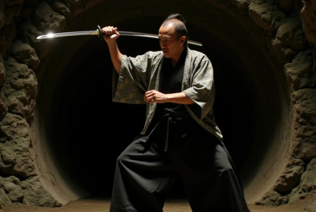 a man wearing a japanese kimono, both hands raised, katana, man swinging katana, silhouette,silhouette of a man, amigasa,holding katana,fighting pose, tunnel, cave, rock, (best quality,4k,8k,highres,masterpiece:1.2),ultra-detailed,(realistic,photorealistic,photo-realistic:1.37),detailed kimono, intricate kimono patterns, muscular man, powerful stance, katana glinting in light, dramatic lighting, cinematic composition, moody atmosphere, underground cave setting, rocky environment, dramatic shadows