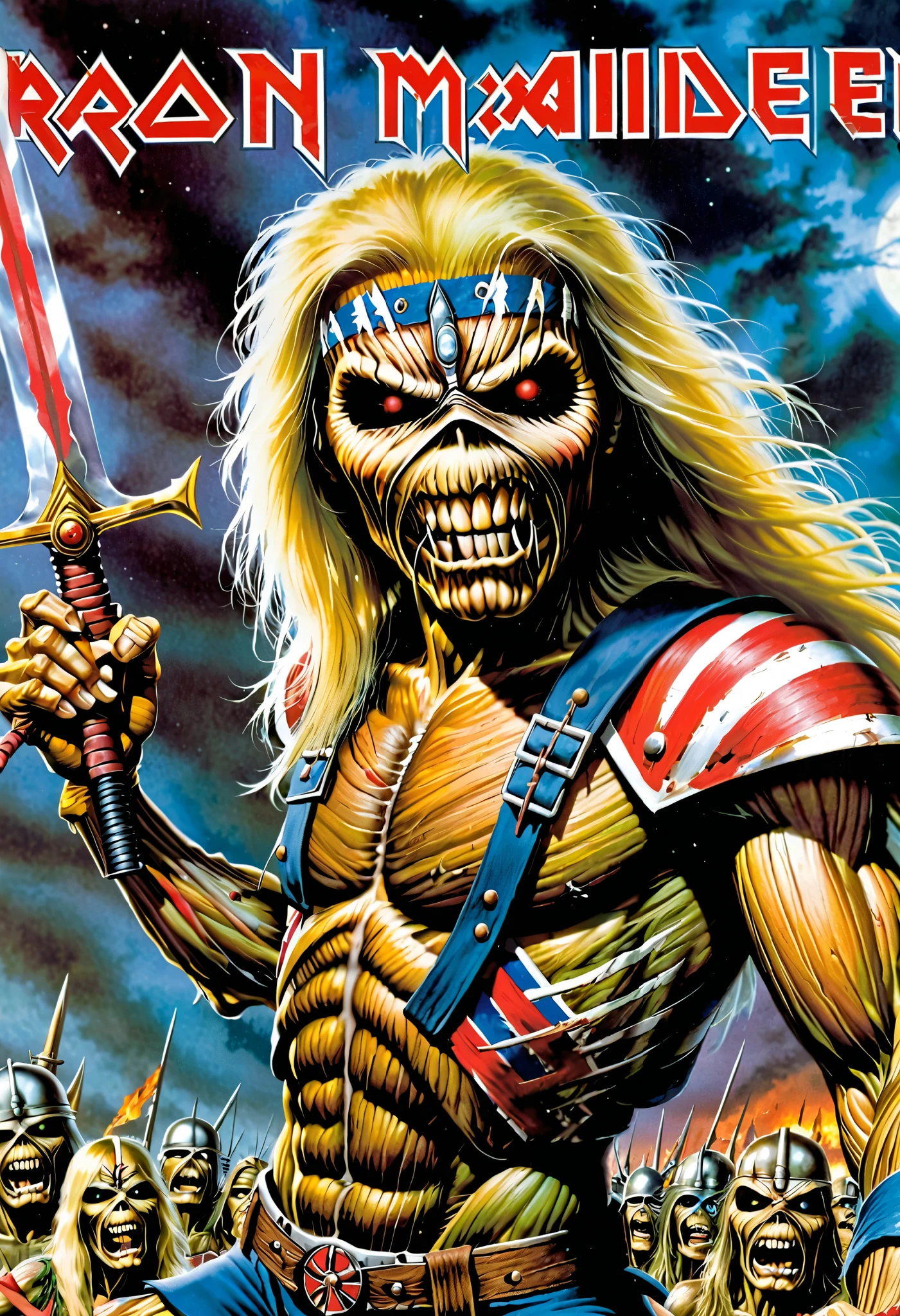 A ultra realistic poster of (cartoon monster), (extremely bright:1.1), an eye patch, close up, a painting of an iron maiden being attacked by a demon on the battlefield, iron maiden album cover 1982, nuclear art, yellow hair, against the background of a nuclear explosion, Ozzy Osbourne album cover 1986, an airbrush painting, full color illustration, (upper body:1.5)
hmvi style,  skulls on pedestals, Nazareth album cover 1978
(dynamic pose:1.1), by Daniel Castan, Carne Griffiths, Andreas Lie, Russ Mills, Leonid Afremov, dark background, cinematic, ultra detail, vibrant, 3d render, illustration
