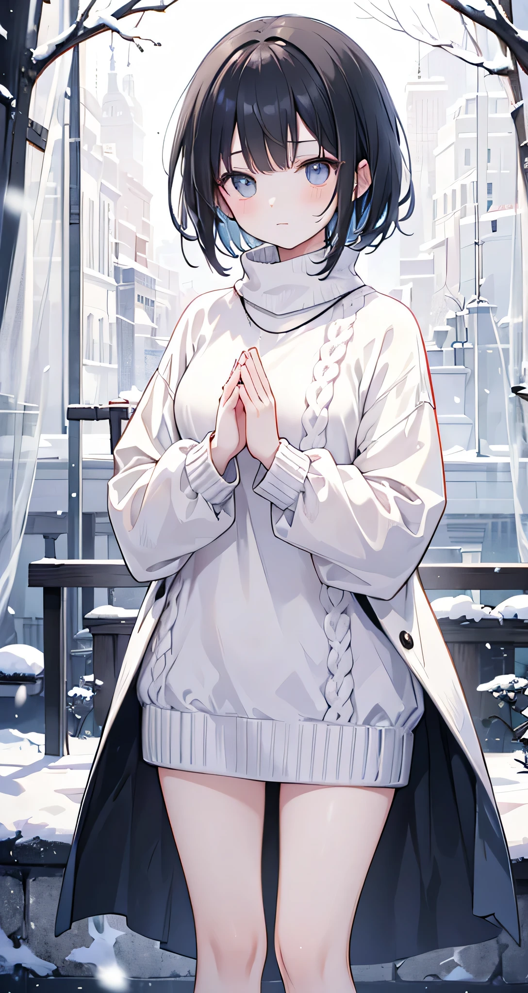 "An animated-style illustration of a short-haired girl with black hair, standing in a snowy background. The snow is gently falling, creating a serene and peaceful atmosphere. The girl, who has a soft and calm expression, is looking straight ahead, her hands clasped together as if in prayer. She has short black hair lightly framing her face and is depicted with a curvy figure, including a noticeable bust. She is specifically wearing a simple shirt (not a knit sweater) under a warm winter outfit. The lighting is soft and diffuse, with cool tones in the background to evoke the chill of winter, contrasted with warm highlights on the girl to make her stand out. The overall mood is tranquil and introspective, with delicate details emphasizing the beauty of the snow and the sincerity of her prayer."