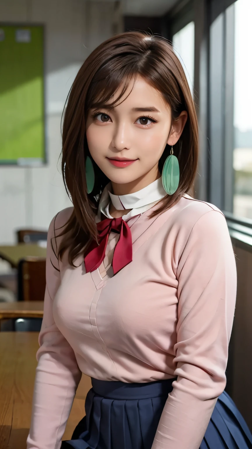 extremely high quality photo, Momo Ayase, sharp focus, realistic, source_photo, proper alignment, young Japanese model, cafe setting, room background, glamorous, sexy, seductive, portrait, detailed face, smiling, happy, ayase_wz, medium hair, brown hair, brown eyes, large breasts, chocker, choker, red bowtie, (pink cardigan:1.2), long cardigan, long sleeves, blue skirt, pleated skirt, school uniform, short skirt, earrings, loose socks, white socks