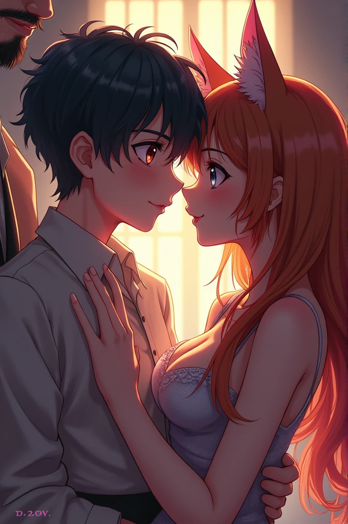 An orange-haired girl with a cute face and blue eyes. She wore a slightly sexy nightgown. she was hugging and kissing a black-haired man. anime girl