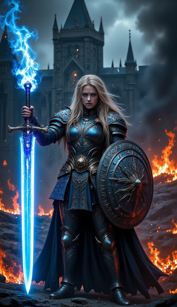 A strong European female warrior stood on the battlefield, surrounded by blue flames. She has long blonde hair, wears detailed armor with feather accents, and holds a shining magic sword in one hand and a large shield in the other. The background shows a burning castle, engulfed in fire and smoke, causing chaos and destruction. The atmosphere is dark and dramatic,