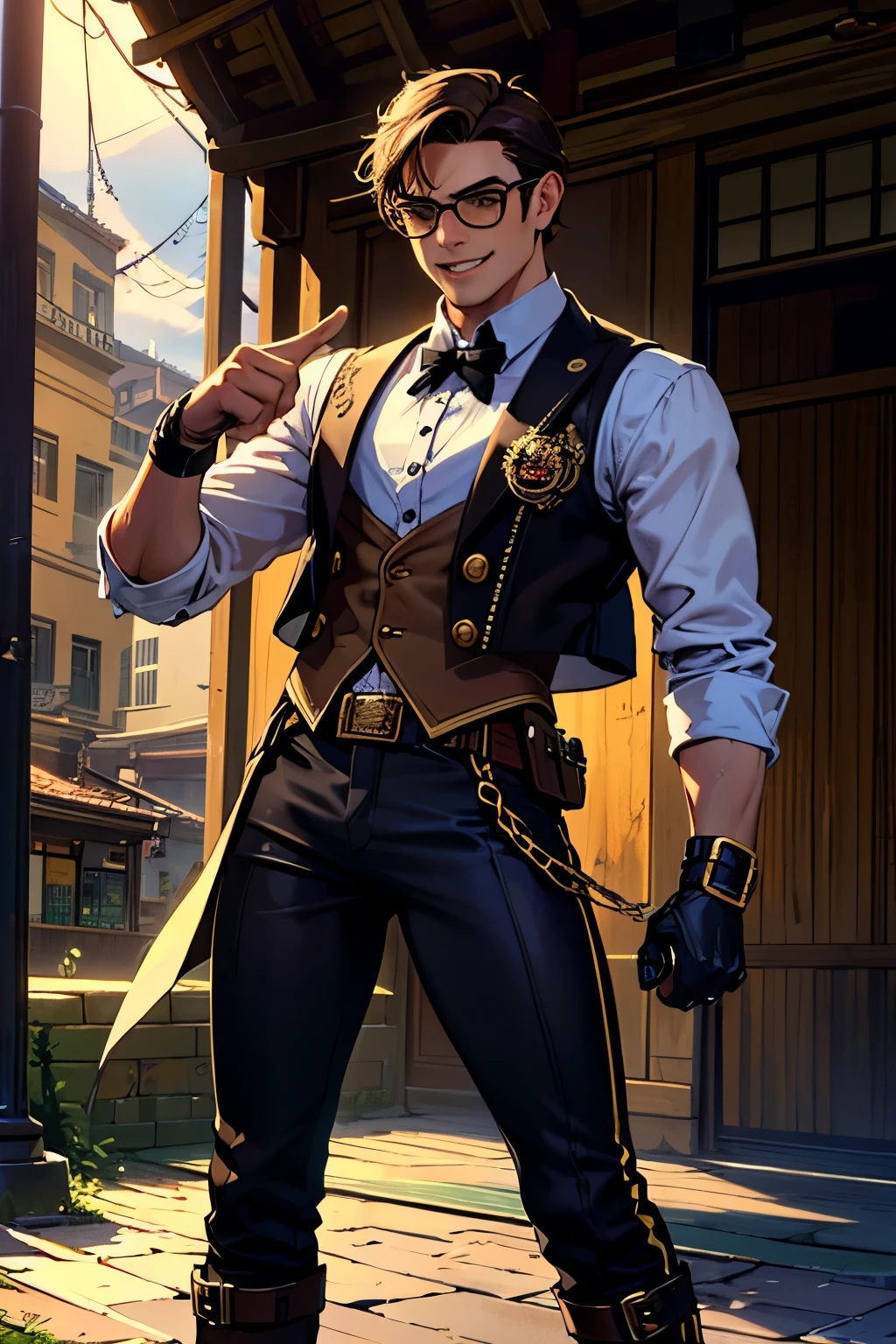 Strong, athletic man, approximately 23 years old, cheerful smile , fair skin and dark brown eyes , short dark brown hair, wearing steampunk style protective glasses , wearing a white shirt folded up to the forearm, brown dress vest with gold buttons, Half finger leather glove , a mechanical arm, Black tailored pants, black belt with gold buckle , Black punk boot.